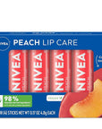 NIVEA Peach Lip Care, Tinted Lip Balm Pack with Shea Butter, Nourishing Oils and Vitamin C & E, 3-in-1 Moisture, Repair and Color, 0.17 Oz Stick, Pack of 4