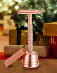 Double Edge Safety Razor for Women Rose Gold with Stand and Silicone Cover - Durable Metal Eco-Friendly Single Blade Safety Razor with 10 Blades- Closed Smooth Shave