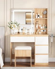 Makeup Vanity Desk with Lighted Mirror, Dressing Table Set with 4 Drawers, Power Outlet, Storage Stool, Storage Shelves, Vanity Mirror 3 Lighting Color Adjustable, Vanity Set for Bedroom, Natural