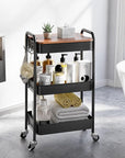 TOOLF 3-Tier Rolling Cart with Table Top, Metal Storage Cart on Wheels, Utility Organizer with Wooden Tray, Lockable Casters, Easy Assembly for Bathroom, Living Room, Office, Kitchen, Black