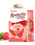TEAZEN Raspberry Kombucha Tea, Hydration Drink Mix, Sugar Free, Live Probiotics & Prebiotics, 10 Sticks, 1.76oz