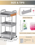 Goovilla 3 Tier Rolling Utility Cart Organizer with Removable Drawer, Stable and Sturdy Grey Rolling Storage Carts with 2 Lockable Wheels for Bathroom, Kitchen, Snack, Craft, Makeup, Baby Essentials