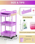 Goovilla 3 Tier Rolling Utility Cart Organizer with Removable Drawer, Stable and Sturdy Purple Rolling Storage Carts with 2 Lockable Wheels for Bathroom, Kitchen, Snack, Craft, Makeup, Baby Essentials