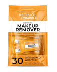 Retinol + Vitamin C Individually Wrapped Makeup Remover Wipes, travel essentials for Travel & On the Go, women facial cleansing towelettes, removes makeup mascara & sunscreen - 30 single face wipes