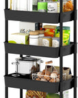 Sywhitta 5-Tier Plastic Rolling Utility Cart with Handle, Multi-Functional Storage Trolley for Office, Living Room, Kitchen, Movable Storage Organizer with Wheels, Black