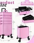 Profesional Rolling Makeup Train Case with Lid, 5 in 1 Cosmetology Case on Wheels, Large Cosmetic Trolley Organizer Travel for Hairstylist Artist Nail Beauty Salon Barber, Pink