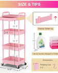 Goovilla 4 Tier Rolling Utility Cart Organizer with Removable Drawer, Stable and Sturdy Pink Rolling Storage Carts with 2 Lockable Wheels for Bathroom, Kitchen, Snack, Craft, Makeup, Baby Essentials