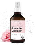Rose Water Spray for Face & Hair - Organic USDA Certified Rosewater Facial Toner - Alcohol-Free Makeup Setting Hydrating Face Mist - Anti-Aging Toner Spray - 4 Oz