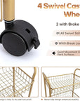 3 Tier Mesh Rolling Utility Cart, Gold Metal Organization Cart with Lockable Wheels, Multifunctional Storage Trolley Service Cart for Kitchen Living Room Office Salon