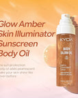 KYDA Body Glow Oil, SPF 45 Sunscreen Body Oil with Gold Mica, Sun-kissed Glow Skin Illuminator, Moisturizing Coconuts Summer Sunscreen, Water Resistant, 3.38 fl oz, AMBER