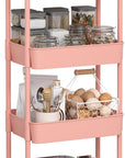 Sywhitta 4-Tier Plastic Rolling Utility Cart with Handle, Multi-Functional Storage Trolley for Office, Living Room, Kitchen, Movable Storage Organizer with Wheels, Pink