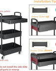Calmootey 3-Tier Rolling Utility Cart with Drawer,Multifunctional Storage Organizer with Plastic Shelf & Metal Wheels,Storage Cart for Kitchen,Bathroom,Living Room,Office,Black