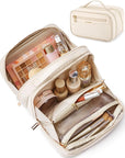 BAGSMART Travel Makeup Bag, Portable Make Up Bag, Wide-open Makeup Organizer Cosmetic Bags for Women for Travel Essentials Travel-Size Toiletries Accessories Bottles, Brushes (Beige)
