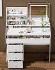 White Makeup Vanity Desk with LED Mirror & Movable Storage Cabinet, 3-Tier Open Shelves, 5 Drawers, Adjustable 3-Color Lighting for Bedroom