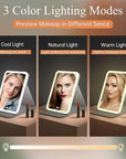 Rechargeable Travel Lighted Makeup Vanity Mirror with PU Leather Cover, Portable Travel Makeup Mirror with Lights, 3 Color Lighting,Touch Sensor Dimmable, Light Up Tabletop Cosmetic Mirror Folding
