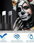 MEICOLY 3PCS Black White Light Grey Face Body Paint Stick,Halloween Zombie Skeleton Makeup Face Paint,Clown White Makeup SFX Cosplay for Adults and Kids,Eye Black Stick for Baseball & Softball