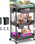 Goovilla 3 Tier Rolling Utility Cart Organizer with Removable Drawer, Stable and Sturdy Black Rolling Storage Carts with 2 Lockable Wheels for Bathroom, Kitchen, Snack, Craft, Makeup, Baby Essentials