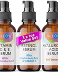 GLEOW Retinol Serum for Face, Vitamin C with Hyaluronic Acid Face Serum for Women and Men, Glow Skin Care Set Total Package Targets Appearance of Uneven Skin Tone and Dryness 3x1oz
