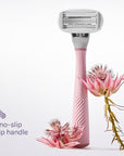 Flamingo Razors for Women Shave Set, 1 Women's Razor Handle (Rose), 2 Razor Five-Blade Refills, 1 oz. Foaming Shave Gel, and 1 Shower Holder