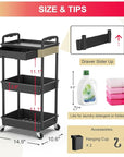 Goovilla 3 Tier Rolling Utility Cart Organizer with Removable Drawer, Stable and Sturdy Black Rolling Storage Carts with 2 Lockable Wheels for Bathroom, Kitchen, Snack, Craft, Makeup, Baby Essentials