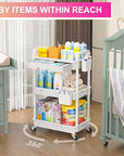 Goovilla 3 Tier Rolling Utility Cart Organizer with Removable Drawer, Stable and Sturdy White Rolling Storage Carts with 2 Lockable Wheels for Bathroom, Kitchen, Snack, Craft, Makeup, Baby Essentials