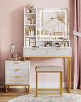 GarveeHome Makeup Vanity Desk with Mirror and Lights, Vanity Table with 5 Drawers, Vanity Set with Stool and Removable Side Storage Cabinet for Bedroom, White & Gold