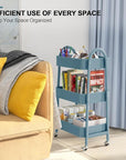 3 Tier Utility Rolling Cart, EAGMAK Metal Storage Cart with Handle and Lockable Wheels, Multifunctional Storage Organizer Trolley with Mesh Baskets for Kitchen, Living Room, Office, Garage (Blue)