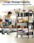 YASONIC 3 Tier Rolling Cart - Metal Utility Cart with Wheels, Hanging Cups, Hooks, Heavy Duty Mesh Rolling Storage Cart Organizer, Craft Cart for Kitchen Office, Lightweight and Sturdy