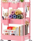 3 Tier Rolling Cart on Wheels, Metal Utility Storage Cart with Wheels, Three Tiered Craft Carts Organizer with Hanging Cups, Hooks, Mesh Basket for Bedside, Kitchen, Bathroom, Office, Art, Snack, Pink