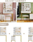GarveeHome Makeup Vanity Desk with Mirror and Lights, Vanity Table with 5 Drawers, Vanity Set with Stool and Removable Side Storage Cabinet for Bedroom, White & Gold