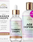 GLEOW Face Tanning Drops to Add to Moisturizer, Face Self Tanner with Revitalizing Cream, Bronzing Drops with Hydrating Cream 1oz+3.4oz