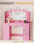 YESHOMY Vanity Desk with Large Lighted Mirror, Power Outlet and 11 Lights, Makeup Table with 7 Drawers and 3 Desktup Storage Units, 3 Color Modes Available for Bedroom, Pink