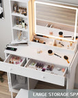 Haewon White Vanity Desk with Lighted Mirror and Charging Station, Makeup Vanity with 3 Color Modes and Adjustable Brightness, Dressing Table Set with Storage Drawers, Cabinet and Chair for Bedroom