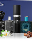 Mens Cologne Gift Sets Bundle Mini Bottle – Designer Mens Cologne Sampler Sets with Refillable Atomizer – Box Includes Versace, Moschino, Mont Blanc, Jimmy Choo Travel Size (0.17 Oz Each)