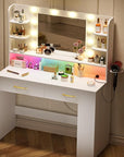 COMHOMA Vanity Desk with Lighted Mirror and Power Outlet, RGB LED Lights Makeup Vanity Set for Girls, Large Storage Capacity Dressing Table for Bedroom, 3 Lighting Modes Adjustable Brightness, White