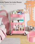 3 Tier Rolling Cart on Wheels, Metal Utility Storage Cart with Wheels, Three Tiered Craft Carts Organizer with Hanging Cups, Hooks, Mesh Basket for Bedside, Kitchen, Bathroom, Office, Art, Snack, Pink