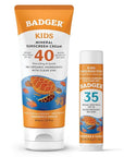 Badger Kids Mineral Sunscreen Combo, SPF 40 Cream + SPF 35 Kids Face Stick, Organic Sunscreens w/Mineral Zinc Oxide, Water Resistant, Reef Safe Broad Spectrum, Tangerine & Vanilla Scent, 2-Count