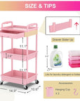 Goovilla 3 Tier Rolling Utility Cart Organizer with Removable Drawer, Stable and Sturdy Pink Rolling Storage Carts with 2 Lockable Wheels for Bathroom, Kitchen, Snack, Craft, Makeup, Baby Essentials