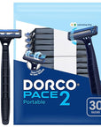 Dorco Pace 2 Plus Disposable Razor 2 blades Pivoting Head Open-Flow No Clogging Easy Rinsing Lubricating Strip Long Non-Slip Rubber Handle (30ct No Rubber Handle)