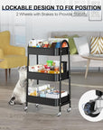 EAGMAK 3 Tier Utility Rolling Cart, Metal Storage Cart with Handle and Lockable Wheels, Multifunctional Storage Organizer Trolley with Mesh Baskets for Kitchen, Living Room, Office, Garage (Black)