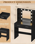 Furmax Make up Vanity Desk with Mirror and Power Outlet, Vanity with 3 Color Light Options Adjustable Brightness,Vanity Desk with 2 Drawers, 6 Storage Shelves (Black, with Bench)