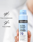 Neutrogena Ultra Sheer Body Mist Sunscreen Spray, Broad Spectrum SPF 70, Lightweight Spray Sunscreen, Non-Greasy & Water Resistant, Oil-Free & Non-Comedogenic UVA/UVB, 5 oz, Pack of 3