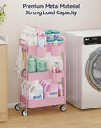 YASONIC 3-Tier Metal Rolling Cart, Heavy Duty Utility Cart with Lockable Wheels, Hanging Cups, Hooks, Mesh Rolling Storage Cart Craft Organizer, Lightweight and Sturdy, Pink
