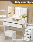 Pamapic Vanity Desk with File Cabinet, 8 Drawers Makeup Vanity with Mirror and Lights,3 Lighting Modes Dressing Table with Chair, Power Outlet, Silent Slides, White
