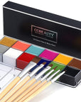 CCbeauty Professional 12 Colors Face Body Paint Kit Oil Non Toxic High Pigment Creamy Painting Palette for Halloween Costume Fancy SFX Cosplay Stage Makeup Set with 6 Wooden Premium Brushes, Deep