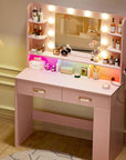 COMHOMA Vanity Desk with Lighted Mirror and Power Outlet, RGB LED Lights Makeup Vanity Set for Girls, Large Storage Capacity Dressing Table for Bedroom, 3 Lighting Modes Adjustable Brightness, Pink