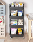 Calmootey 4-Tier Rolling Utility Cart with Drawer,Multifunctional Storage Organizer with Plastic Shelf & Metal Wheel,Storage Cart for Kitchen,Bathroom,Living Room,Office,Black