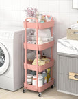 Sywhitta 4-Tier Plastic Rolling Utility Cart with Handle, Multi-Functional Storage Trolley for Office, Living Room, Kitchen, Movable Storage Organizer with Wheels, Pink