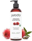 PURA D'OR 16 Oz ORGANIC Castor Oil - 100% Pure USDA Certified Cold Pressed, Hexane Free Eyelash & Eyebrow Serum - For Fuller, Thicker Lashes & Brows - Skin & Hair Moisturizer - Bulk Size