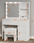 Vanity Desk with Mirror and 12 LED Lights, Makeup Vanity Table with USB & Power Outlets, 4 Drawers and Hairdryer Holder, Padded Stool with Storage, White
